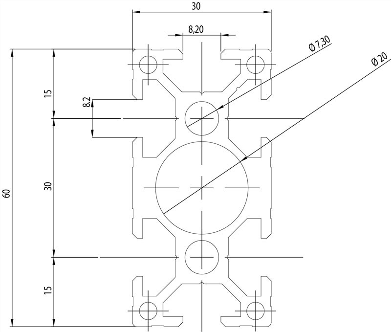 103068 - 30X60 Serie 30, cava 8 / Cava 8 Standard / Cava / Profili in Alluminio / Prodotti / Alutec | Profili in alluminio, sistemi di trasporto e automazione industriale - Alutec Group 103068 - 30X60 Serie 30, cava 8 / Cava 8 Standard / Cava / Profili in Alluminio / Prodotti / Alutec | Profili in alluminio, sistemi di trasporto e automazione industriale - Alutec Group