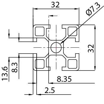 103234 - 32x32 4 Hohle / 8mm Hohl / Hohl / Aluminiumprofile / Produkte / Alutec | Profili in alluminio, sistemi di trasporto e automazione industriale - Alutec Group 103234 - 32x32 4 Hohle / 8mm Hohl / Hohl / Aluminiumprofile / Produkte / Alutec | Profili in alluminio, sistemi di trasporto e automazione industriale - Alutec Group