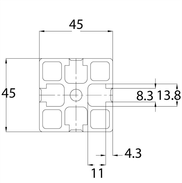 124548 - 45x45 mit öffnenden Hohle / 8mm Hohl / Hohl / Aluminiumprofile / Produkte / Alutec | Profili in alluminio, sistemi di trasporto e automazione industriale - Alutec Group 124548 - 45x45 mit öffnenden Hohle / 8mm Hohl / Hohl / Aluminiumprofile / Produkte / Alutec | Profili in alluminio, sistemi di trasporto e automazione industriale - Alutec Group
