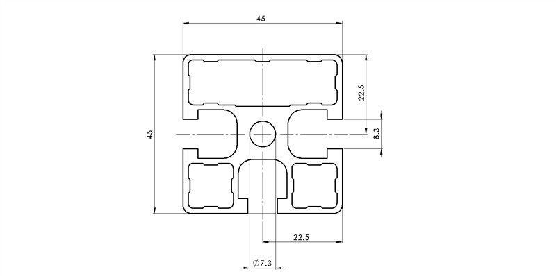 124547 - 45x45, 3 Hohle / 8mm Hohl / Hohl / Aluminiumprofile / Produkte / Alutec | Profili in alluminio, sistemi di trasporto e automazione industriale - Alutec Group 124547 - 45x45, 3 Hohle / 8mm Hohl / Hohl / Aluminiumprofile / Produkte / Alutec | Profili in alluminio, sistemi di trasporto e automazione industriale - Alutec Group