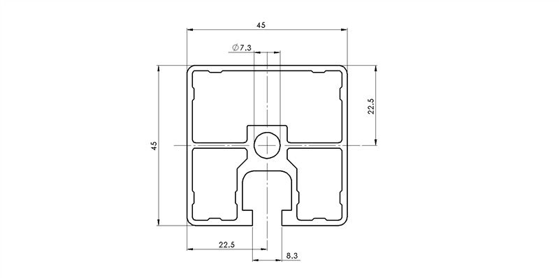 104501 - 45x45, 3 sides closed / 8mm Groove / Groove / Aluminium profiles / Products / Alutec | Profili in alluminio, sistemi di trasporto e automazione industriale - Alutec Group 104501 - 45x45, 3 sides closed / 8mm Groove / Groove / Aluminium profiles / Products / Alutec | Profili in alluminio, sistemi di trasporto e automazione industriale - Alutec Group