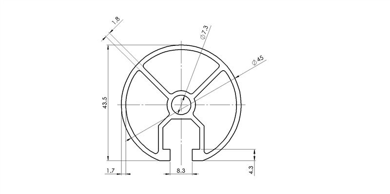 104345 - 43x45 Round / 8mm Groove / Groove / Aluminium profiles / Products / Alutec | Profili in alluminio, sistemi di trasporto e automazione industriale - Alutec Group 104345 - 43x45 Round / 8mm Groove / Groove / Aluminium profiles / Products / Alutec | Profili in alluminio, sistemi di trasporto e automazione industriale - Alutec Group