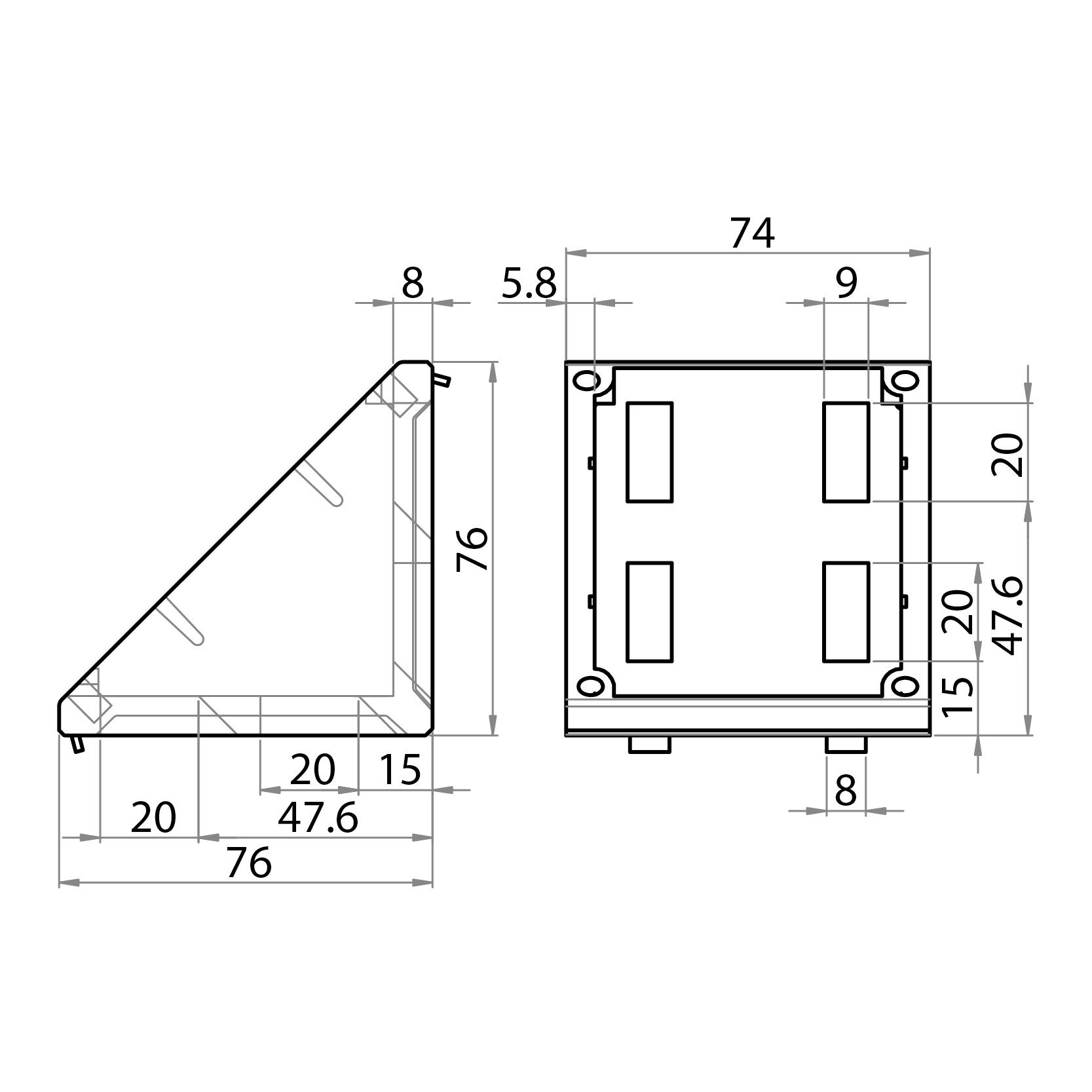 308080 - Befestigungswinkel 80x80 / Verbindungen: Winkel, Plättchen, Verbindungsstücke / Befestigungszubehör / Produkte / Alutec | Profili in alluminio, sistemi di trasporto e automazione industriale - Alutec Group 308080 - Befestigungswinkel 80x80 / Verbindungen: Winkel, Plättchen, Verbindungsstücke / Befestigungszubehör / Produkte / Alutec | Profili in alluminio, sistemi di trasporto e automazione industriale - Alutec Group