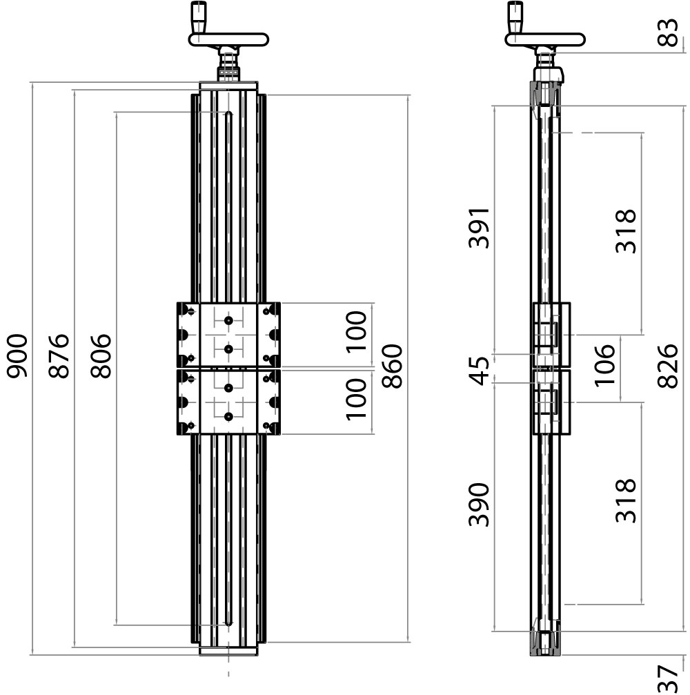 022004PC - Posizionatore lineare a due carrelli contrapposti con pattini e guide / Posizionatori lineari / Sistemi lineari di scorrimento / Prodotti / Alutec | Profili in alluminio, sistemi di trasporto e automazione industriale - Alutec 022004PC - Posizionatore lineare a due carrelli contrapposti con pattini e guide / Posizionatori lineari / Sistemi lineari di scorrimento / Prodotti / Alutec | Profili in alluminio, sistemi di trasporto e automazione industriale - Alutec