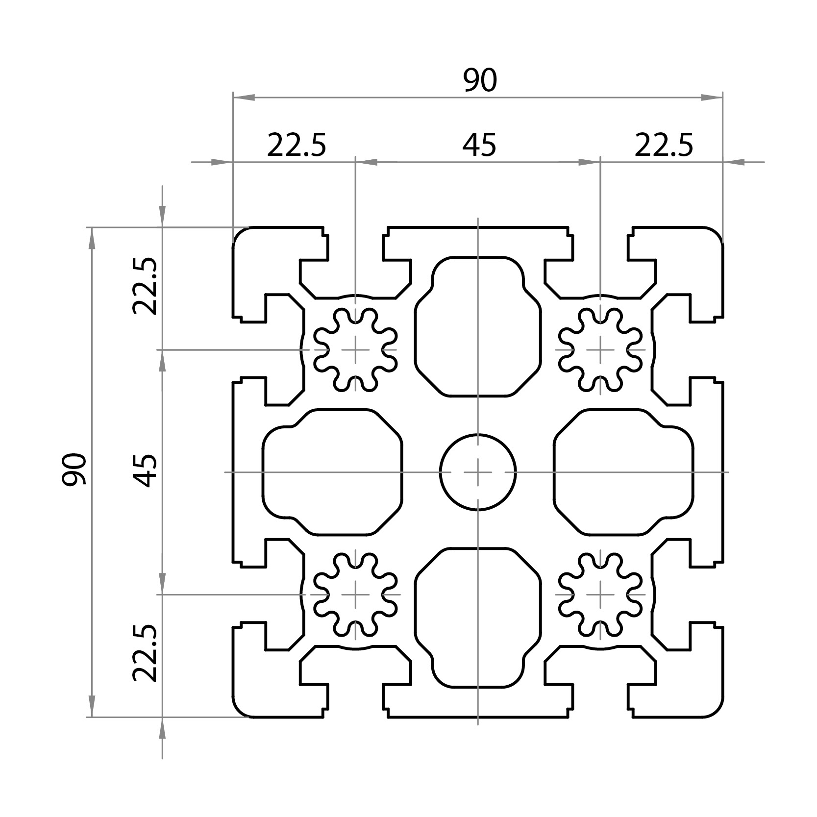 179090P - 90x90 / Cava 10 Serie 45 / Cava / Profili in Alluminio / Prodotti / Alutec | Profili in alluminio, sistemi di trasporto e automazione industriale - Alutec Group 179090P - 90x90 / Cava 10 Serie 45 / Cava / Profili in Alluminio / Prodotti / Alutec | Profili in alluminio, sistemi di trasporto e automazione industriale - Alutec Group