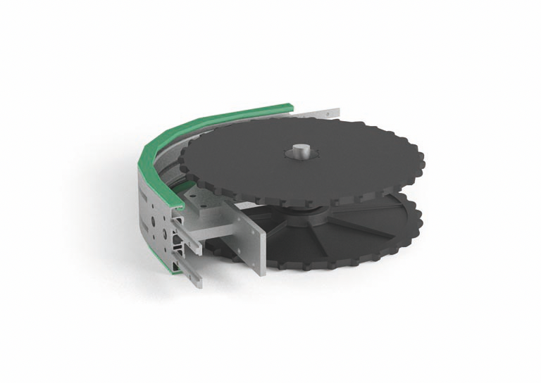 Bauteil für Lamellenförderband AR232086-90: Rücklauf 90° Leerlaufkurve mittlerer R = 200 mm ideal für enge Kurven und effizientes Ankuppeln an die Kundenmaschine.