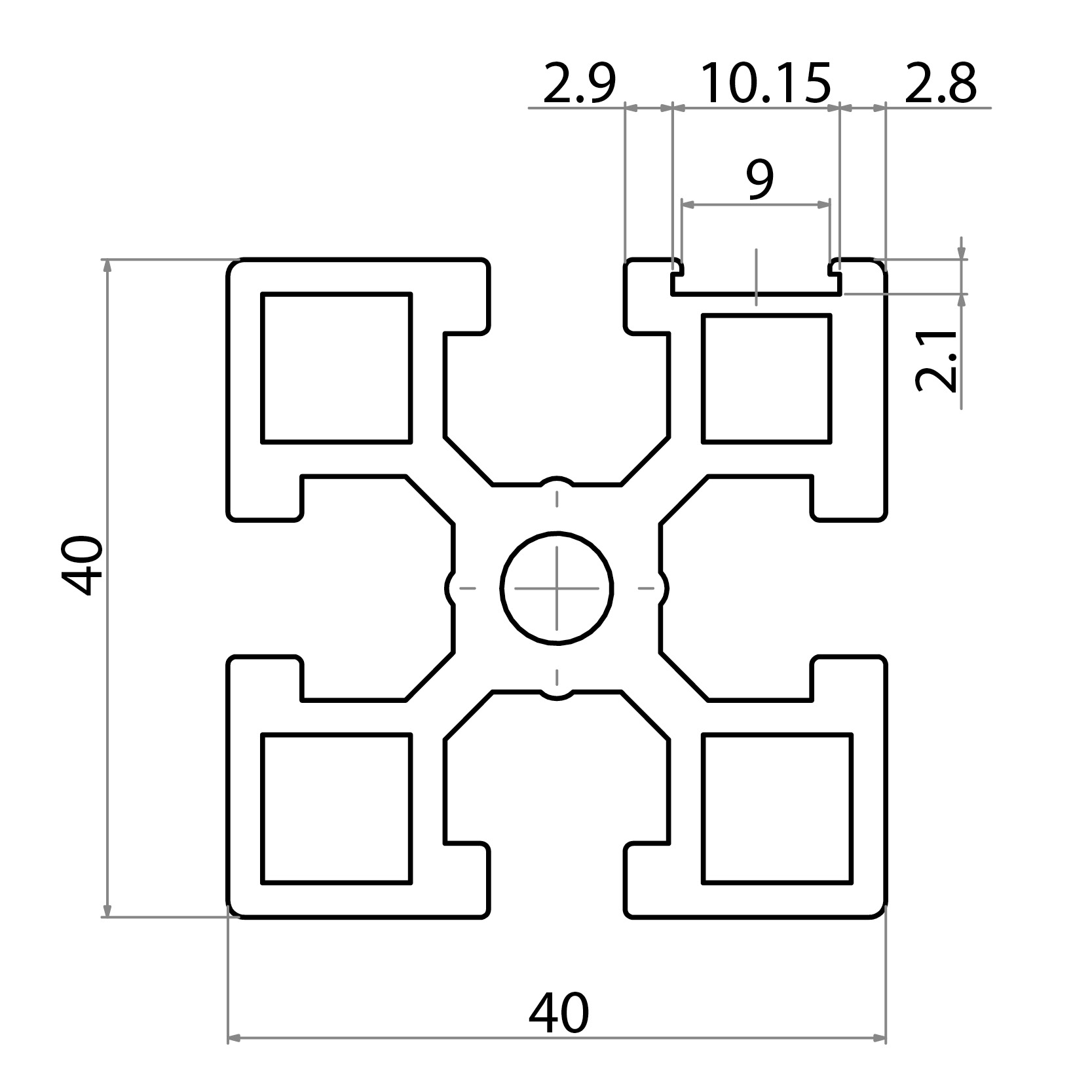 104042 - Profile with opening 40x40 / 8mm Hohl Serie 40 / Hohl / Aluminiumprofile / Produkte / Alutec | Profili in alluminio, sistemi di trasporto e automazione industriale - Alutec Group 104042 - Profile with opening 40x40 / 8mm Hohl Serie 40 / Hohl / Aluminiumprofile / Produkte / Alutec | Profili in alluminio, sistemi di trasporto e automazione industriale - Alutec Group