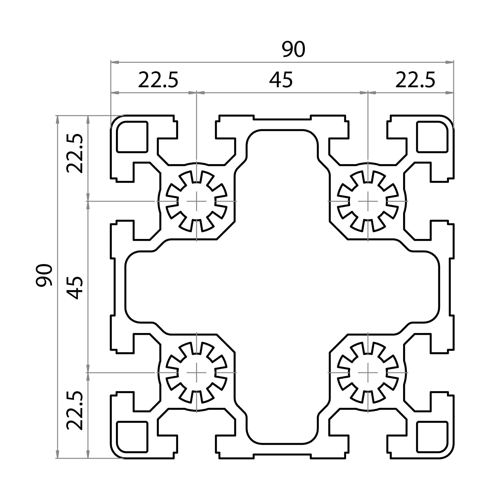 179090 - profile 90X90 / Groove 10 series 45 / Groove / Aluminium profiles / Products / Alutec | Profili in alluminio, sistemi di trasporto e automazione industriale - Alutec Group 179090 - profile 90X90 / Groove 10 series 45 / Groove / Aluminium profiles / Products / Alutec | Profili in alluminio, sistemi di trasporto e automazione industriale - Alutec Group