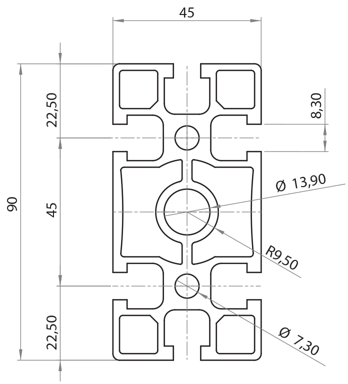104590P - 45x90 Heavy / 8mm Groove / Groove / Aluminium profiles / Products / Alutec | Profili in alluminio, sistemi di trasporto e automazione industriale - Alutec Group 104590P - 45x90 Heavy / 8mm Groove / Groove / Aluminium profiles / Products / Alutec | Profili in alluminio, sistemi di trasporto e automazione industriale - Alutec Group
