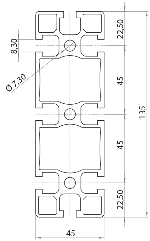 104535 - 45x135 / Cava 8 Standard / Cava / Profili in Alluminio / Prodotti / Alutec | Profili in alluminio, sistemi di trasporto e automazione industriale - Alutec Group 104535 - 45x135 / Cava 8 Standard / Cava / Profili in Alluminio / Prodotti / Alutec | Profili in alluminio, sistemi di trasporto e automazione industriale - Alutec Group