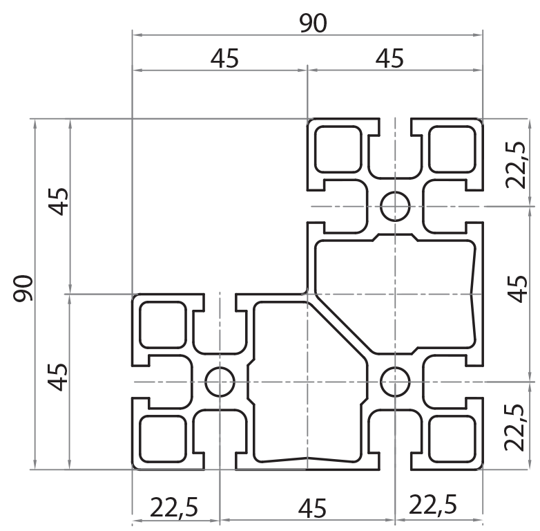 109045 - 45x90x90 Winkel / 8mm Hohl / Hohl / Aluminiumprofile / Produkte / Alutec | Profili in alluminio, sistemi di trasporto e automazione industriale - Alutec Group 109045 - 45x90x90 Winkel / 8mm Hohl / Hohl / Aluminiumprofile / Produkte / Alutec | Profili in alluminio, sistemi di trasporto e automazione industriale - Alutec Group