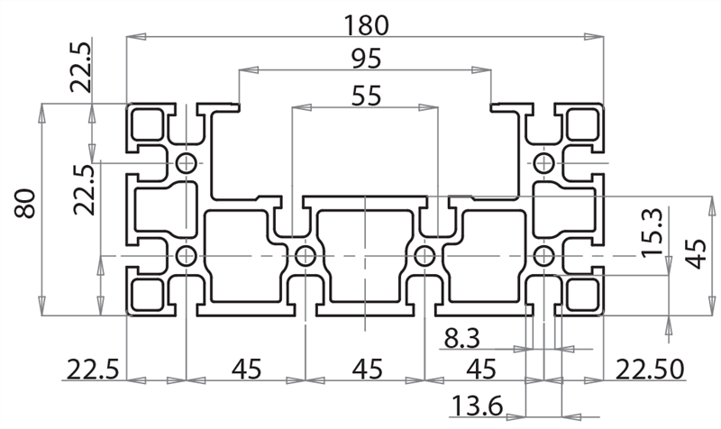 108018 - 80x180 / 8mm Hohl / Hohl / Aluminiumprofile / Produkte / Alutec | Profili in alluminio, sistemi di trasporto e automazione industriale - Alutec Group 108018 - 80x180 / 8mm Hohl / Hohl / Aluminiumprofile / Produkte / Alutec | Profili in alluminio, sistemi di trasporto e automazione industriale - Alutec Group