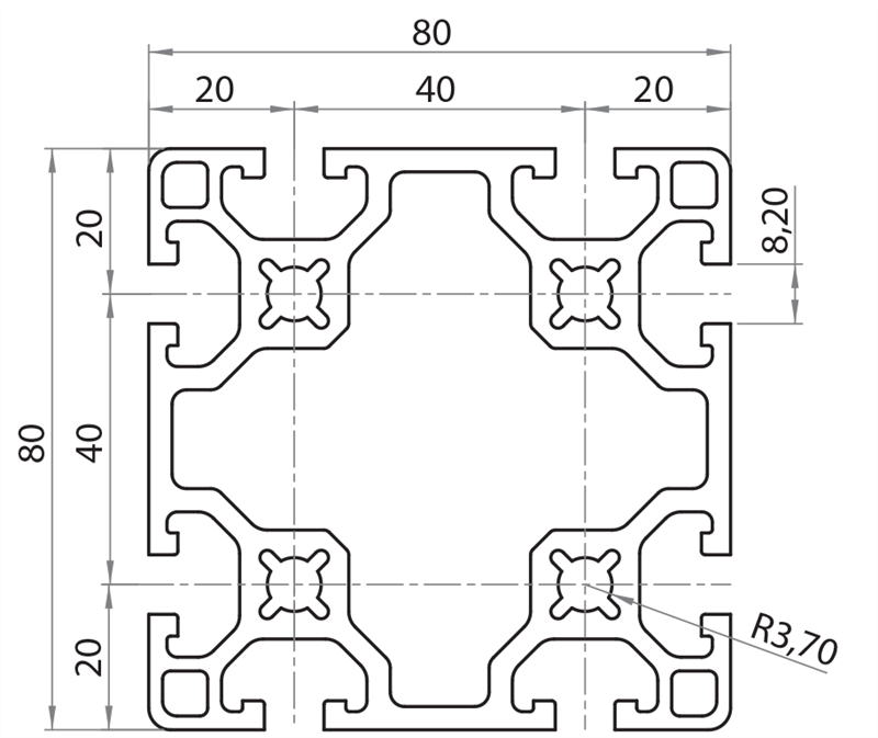 108080L - 80x80 Leggero / Cava 8 Serie 40 / Cava / Profili in Alluminio / Prodotti / Alutec | Profili in alluminio, sistemi di trasporto e automazione industriale - Alutec Group 108080L - 80x80 Leggero / Cava 8 Serie 40 / Cava / Profili in Alluminio / Prodotti / Alutec | Profili in alluminio, sistemi di trasporto e automazione industriale - Alutec Group