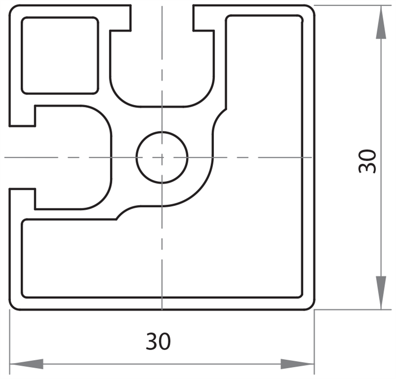 103002 - 30x30 2 Hohle / 6mm Hohl Serie 30 / Hohl / Aluminiumprofile / Produkte / Alutec | Profili in alluminio, sistemi di trasporto e automazione industriale - Alutec Group 103002 - 30x30 2 Hohle / 6mm Hohl Serie 30 / Hohl / Aluminiumprofile / Produkte / Alutec | Profili in alluminio, sistemi di trasporto e automazione industriale - Alutec Group