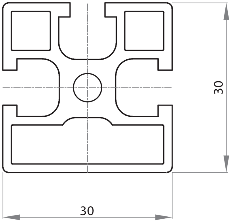 103003 - 30x30 3 grooves / Groove 6 series 30 / Groove / Aluminium profiles / Products / Alutec | Profili in alluminio, sistemi di trasporto e automazione industriale - Alutec Group 103003 - 30x30 3 grooves / Groove 6 series 30 / Groove / Aluminium profiles / Products / Alutec | Profili in alluminio, sistemi di trasporto e automazione industriale - Alutec Group