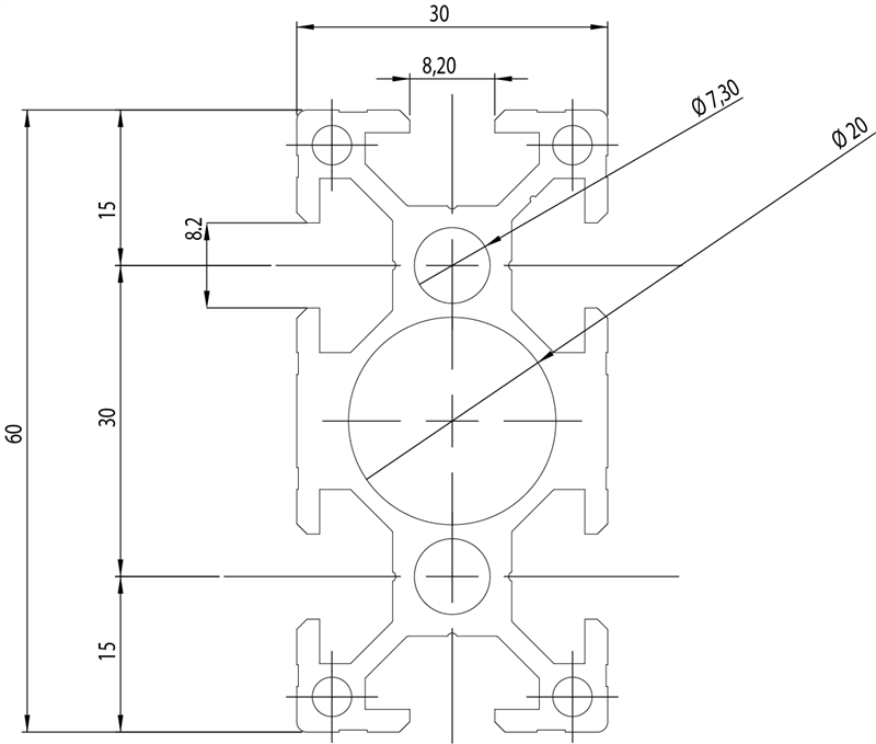 103068 - 30x60 Serie 30, 8 mm Hohl / 6mm Hohl Serie 30 / Hohl / Aluminiumprofile / Produkte / Alutec | Profili in alluminio, sistemi di trasporto e automazione industriale - Alutec Group 103068 - 30x60 Serie 30, 8 mm Hohl / 6mm Hohl Serie 30 / Hohl / Aluminiumprofile / Produkte / Alutec | Profili in alluminio, sistemi di trasporto e automazione industriale - Alutec Group