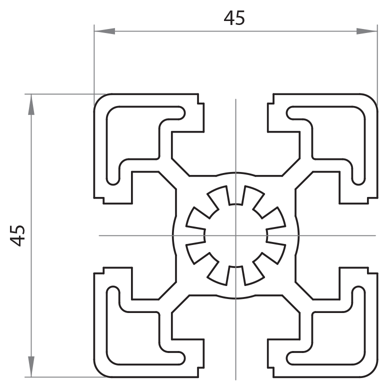 174545 - 45x45 / Cava 10 Serie 45 / Cava / Profili in Alluminio / Prodotti / Alutec | Profili in alluminio, sistemi di trasporto e automazione industriale - Alutec Group 174545 - 45x45 / Cava 10 Serie 45 / Cava / Profili in Alluminio / Prodotti / Alutec | Profili in alluminio, sistemi di trasporto e automazione industriale - Alutec Group