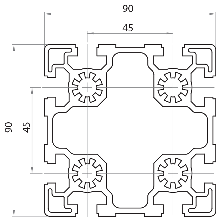 179090 - 90x90 / 10mm Hohl Serie 45 / Hohl / Aluminiumprofile / Produkte / Alutec | Profili in alluminio, sistemi di trasporto e automazione industriale - Alutec Group 179090 - 90x90 / 10mm Hohl Serie 45 / Hohl / Aluminiumprofile / Produkte / Alutec | Profili in alluminio, sistemi di trasporto e automazione industriale - Alutec Group