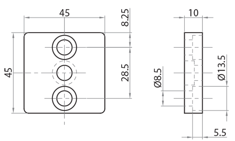 304545 - Connection and fastening plate 45x45 / Connections: angle brackets, fastening plates, butt joints / Fastening accessories / Products / Alutec | Profili in alluminio, sistemi di trasporto e automazione industriale - Alutec Group 304545 - Connection and fastening plate 45x45 / Connections: angle brackets, fastening plates, butt joints / Fastening accessories / Products / Alutec | Profili in alluminio, sistemi di trasporto e automazione industriale - Alutec Group