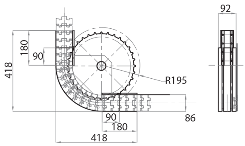 AR100086-90 - Curva 90° rinvio (andata) raggio medio 200 mm / Componenti per canale 86 mm / Aluflex / Prodotti / Alutec | Profili in alluminio, sistemi di trasporto e automazione industriale - Alutec Group AR100086-90 - Curva 90° rinvio (andata) raggio medio 200 mm / Componenti per canale 86 mm / Aluflex / Prodotti / Alutec | Profili in alluminio, sistemi di trasporto e automazione industriale - Alutec Group