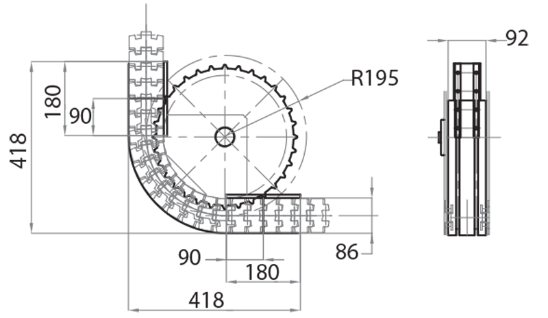 AR200086-90 - Return 90° idle curve average radius 200 mm / Components for channel 86 mm / Aluflex / Products / Alutec | Profili in alluminio, sistemi di trasporto e automazione industriale - Alutec Group AR200086-90 - Return 90° idle curve average radius 200 mm / Components for channel 86 mm / Aluflex / Products / Alutec | Profili in alluminio, sistemi di trasporto e automazione industriale - Alutec Group