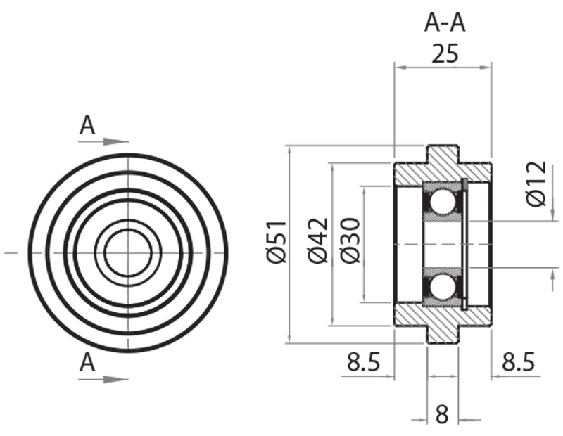 705112 - Rotella Ø51 / Guide, pattini e rotelle / Sistemi lineari di scorrimento / Prodotti / Alutec | Profili in alluminio, sistemi di trasporto e automazione industriale - Alutec Group 705112 - Rotella Ø51 / Guide, pattini e rotelle / Sistemi lineari di scorrimento / Prodotti / Alutec | Profili in alluminio, sistemi di trasporto e automazione industriale - Alutec Group