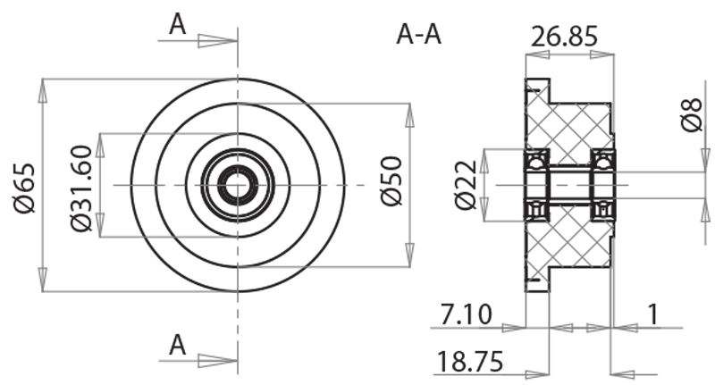 706508 - Doppelt gelagertes Laufrad Ø65 mit Schraube, Mutter und Unterlegscheibe / Führungen, Schlitten und Räder / Lineare Laufsysteme / Produkte / Alutec | Profili in alluminio, sistemi di trasporto e automazione industriale - Alutec Group 706508 - Doppelt gelagertes Laufrad Ø65 mit Schraube, Mutter und Unterlegscheibe / Führungen, Schlitten und Räder / Lineare Laufsysteme / Produkte / Alutec | Profili in alluminio, sistemi di trasporto e automazione industriale - Alutec Group