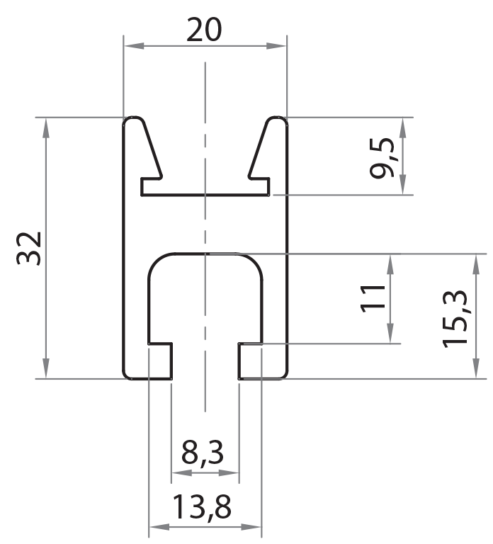 102032 - Belt-drive profile with 8 mm groove / 8mm Groove / Groove / Aluminium profiles / Products / Alutec | Profili in alluminio, sistemi di trasporto e automazione industriale - Alutec Group 102032 - Belt-drive profile with 8 mm groove / 8mm Groove / Groove / Aluminium profiles / Products / Alutec | Profili in alluminio, sistemi di trasporto e automazione industriale - Alutec Group