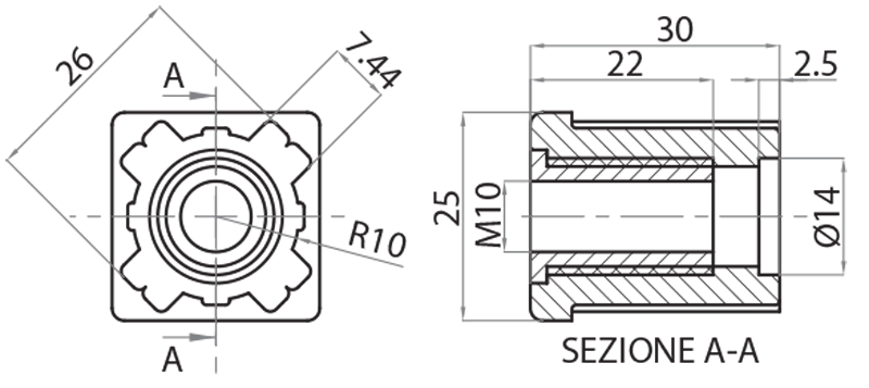 S22510 - Gewindekappe M10 25x25 mm / Edelstahlkomponenten / Edelstahlkonstruktionen / Produkte / Alutec | Profili in alluminio, sistemi di trasporto e automazione industriale - Alutec Group S22510 - Gewindekappe M10 25x25 mm / Edelstahlkomponenten / Edelstahlkonstruktionen / Produkte / Alutec | Profili in alluminio, sistemi di trasporto e automazione industriale - Alutec Group