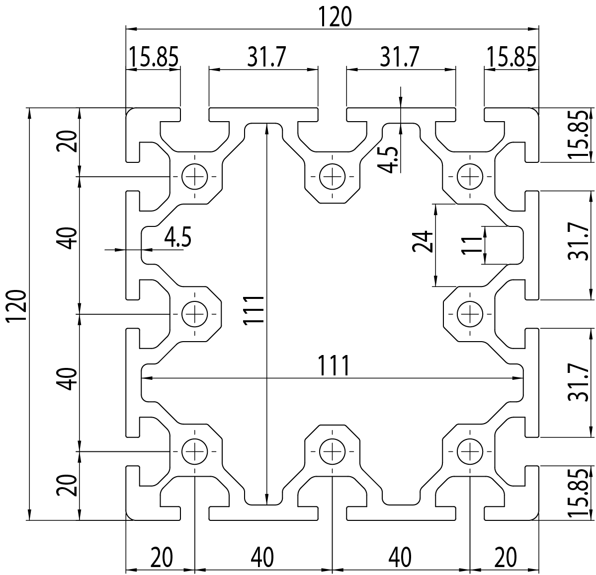 101212 - 120X120 / 8mm Hohl Serie 40 / Hohl / Aluminiumprofile / Produkte / Alutec | Profili in alluminio, sistemi di trasporto e automazione industriale - Alutec Group 101212 - 120X120 / 8mm Hohl Serie 40 / Hohl / Aluminiumprofile / Produkte / Alutec | Profili in alluminio, sistemi di trasporto e automazione industriale - Alutec Group